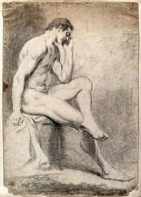 A seated male nude with his left leg crossed over his knee and resting his cheek on his left hand. Black chalk drawing.