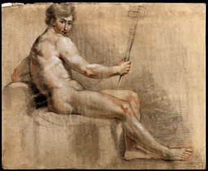 view A seated male nude looking over his right shoulder and holding a staff. Black and red chalk drawing with white highlights.