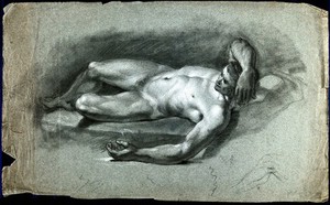 view A reclining male nude with his right arm resting on his head and a fiant sketch of a leg. Black chalk drawing by J.J. Masquerier.
