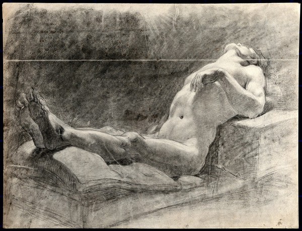 A reclining male nude. Black chalk drawing by J.J. Masquerier.