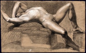 view A reclining male nude with his left arm shielding his eyes. Black chalk drawing by J.J. Masquerier.