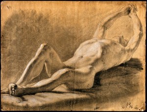 view A reclining male nude clasping his hands above his head. Black chalk drawing by J.J. Masquerier.