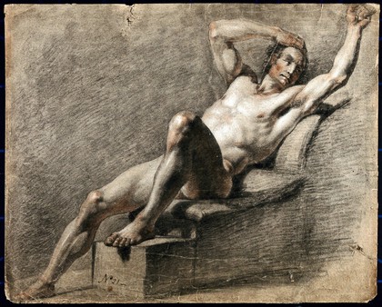 A reclining male nude with his right arm resting on his head and his left arm raised. Black and red chalk drawing by J.J. Masquerier.