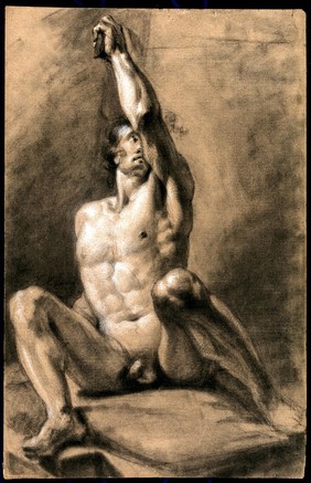 A seated male nude with his left arm raised. Black chalk drawing by J.J. Masquerier.