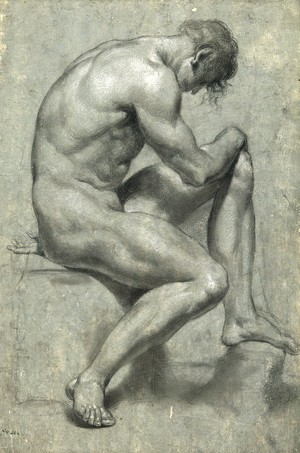 view A seated male nude with his head bowed. Black chalk drawing by J.J. Masquerier.