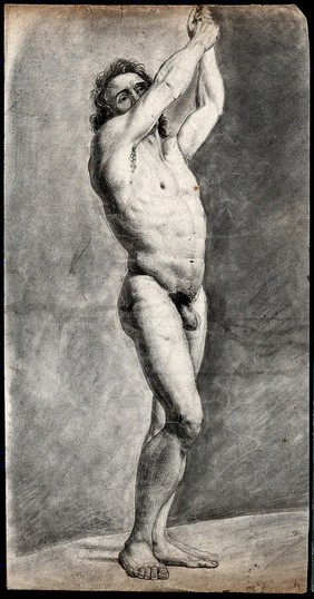 A standing male nude with his arms raised. Black chalk drawing by J.J. Masquerier, 1793.