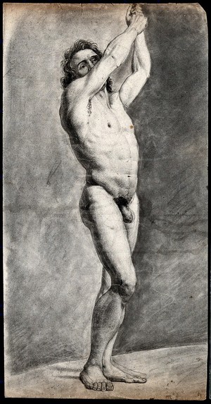 view A standing male nude with his arms raised. Black chalk drawing by J.J. Masquerier, 1793.