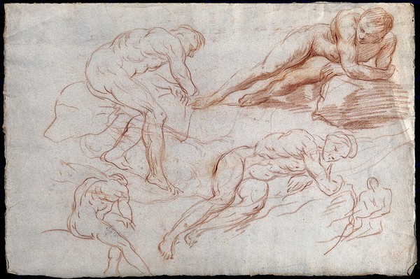 Five sketches of a reclining male nude. Chalk drawing.