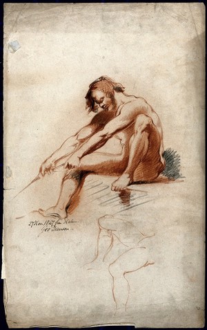 view A seated male nude grasping a rope with a second sketch of legs. Chalk drawing by G. Danson.