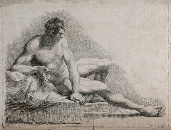 A seated male nude with right leg stretched out. Crayon manner print by J. Whessell, 1803, after J. Barney.