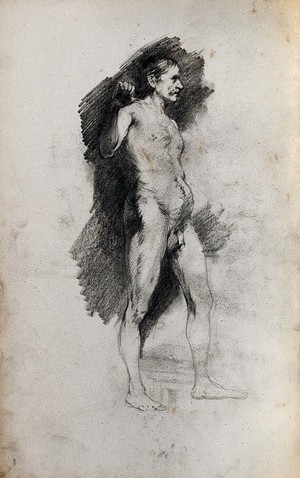 view A male nude figure seen from the right. Pencil drawing.