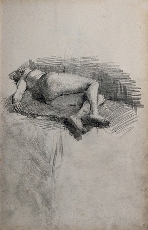 view A reclining female nude. Pencil drawing.