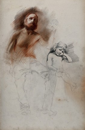 A seated bare-torsoed man next to a seated nude boy. Red chalk drawing.