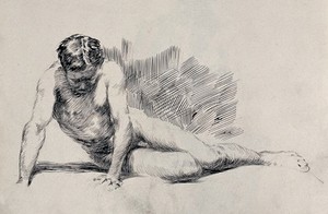 view A seated male nude. Pen and ink drawing.