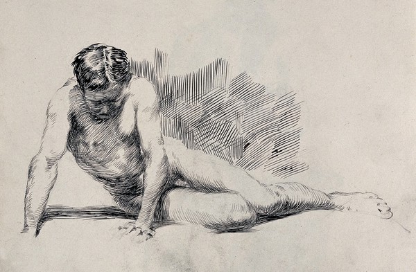 A seated male nude. Pen and ink drawing.