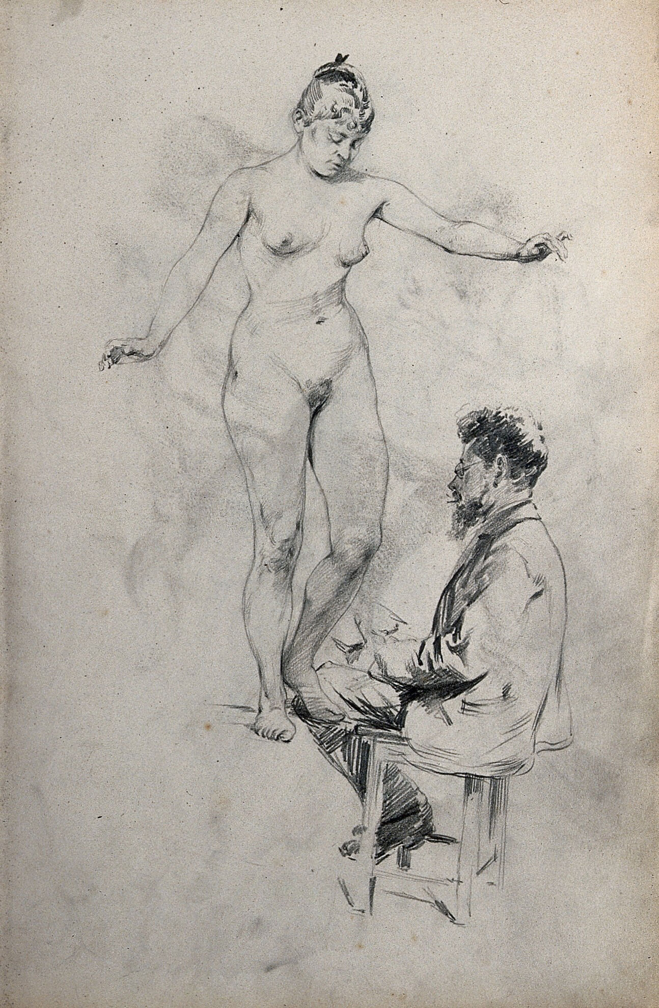 A Female Standing Nude And A Seated Man Pencil Drawing