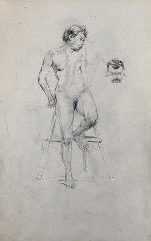 view A seated female nude and the head of a man. Pencil drawing.