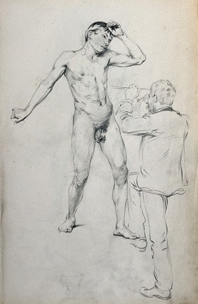 A man sketching a standing young male nude. Pencil drawing.