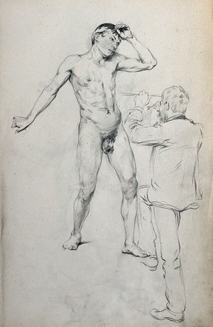 view A man sketching a standing young male nude. Pencil drawing.