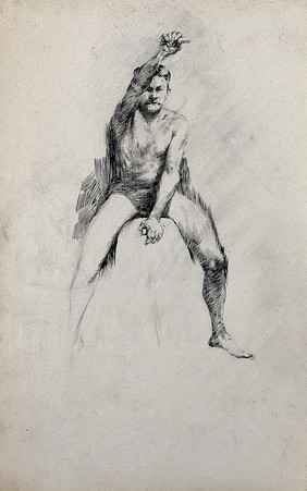 A seated male nude with raised right arm. Pen and ink drawing.