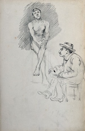 view A seated man attending a life class draws from the model; a nude male model is seated to the left. Pencil drawing.