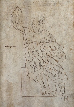 view The Laocoön sculpture seen from the front. Pen and ink drawing after G. Audran.