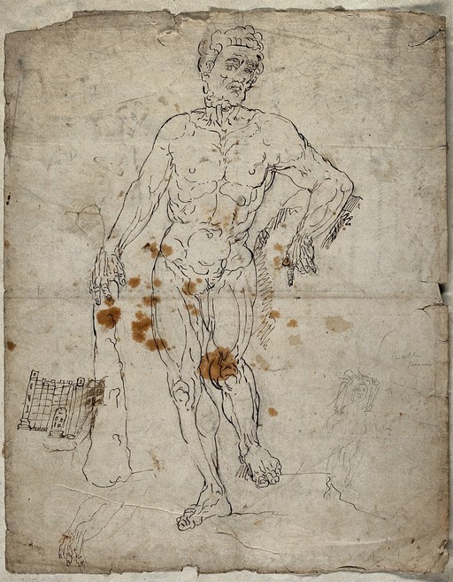 A figure of Hercules with a sketch of a castle. Pen and ink drawing by T. Rayner.