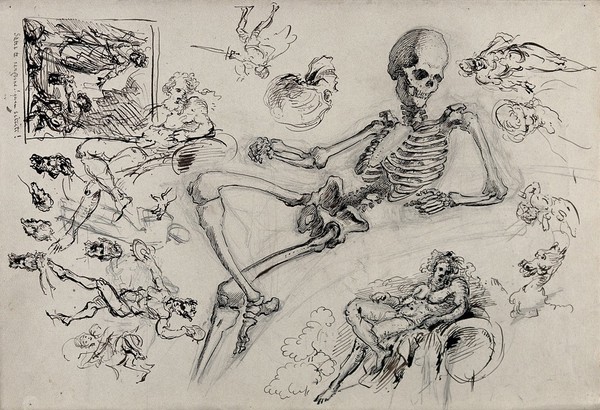 A skeleton in the pose of a classical river god surrounded by several sketches of river gods and other figures. Pen and ink drawing.