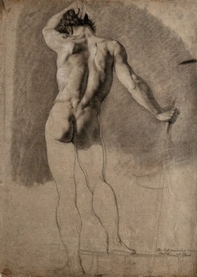 A standing male nude seen from the rear. Black chalk drawing by J.J. Masquerier.