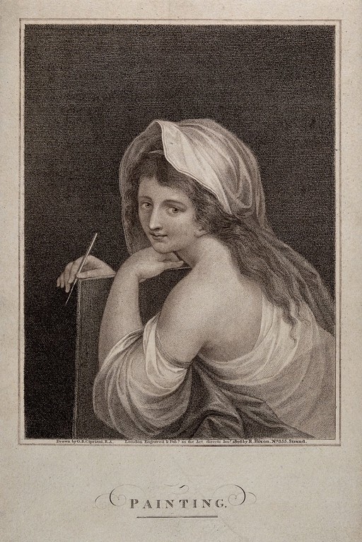 A female allegory of painting. Stipple engraving by R. Hixon, 1806, after G.B. Cipriani.