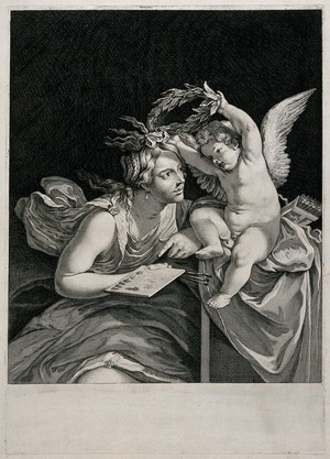 view A female allegory of painting being crowned by Cupid. Engraving.