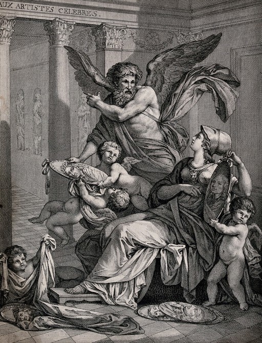 An allegory celebrating Dutch painters. Engraving by J. F. Peyron.