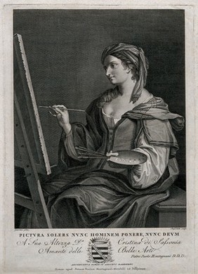 A woman personifying the art of painting. Engraving by A. Testa after G.F. Barbieri, il Guercino.