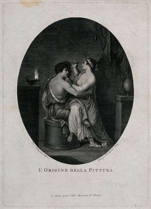 view A young Corinthian girl drawing the shadow of her lover; representing the origin of painting. Engraving by G. Bortignoni after D. Allan.