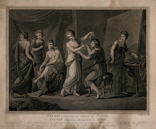 The seated figure of Zeuxis surrounded by five female figures. Stipple engraving by F. Bartolozzi, 1785, after A. Kauffman.