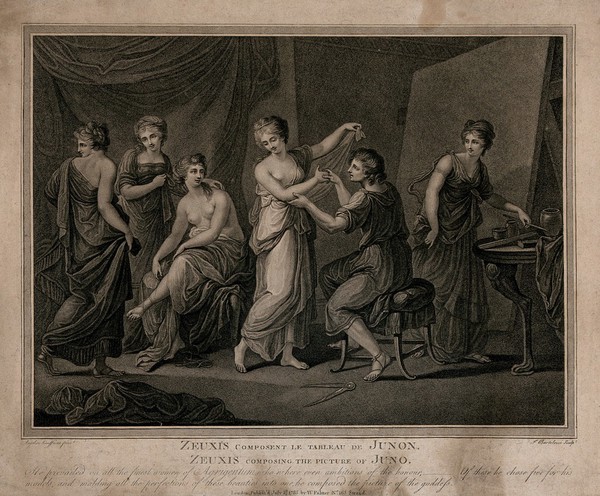The painter Zeuxis selecting the best features of five different women for his painting of Juno. Stipple engraving by F. Bartolozzi, 1785, after A. Kauffman.