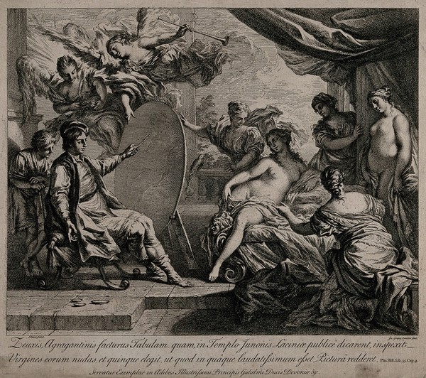 The painter Zeuxis, preparing to paint a picture for Juno, selects as his model the most beautiful parts of five virgins of Croton. Etching by J. Goupy after F. Solimena.