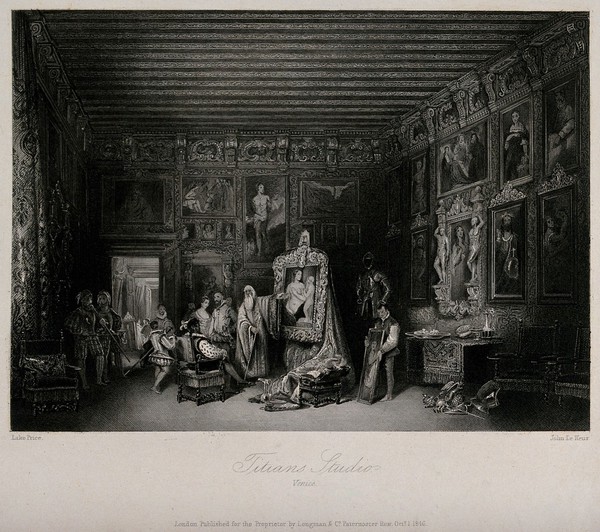 A richly decorated interior, in which the elderly painter Titian shows a painting to a seated client. Engraving by J. Le Keux, 1846, after L. Price.