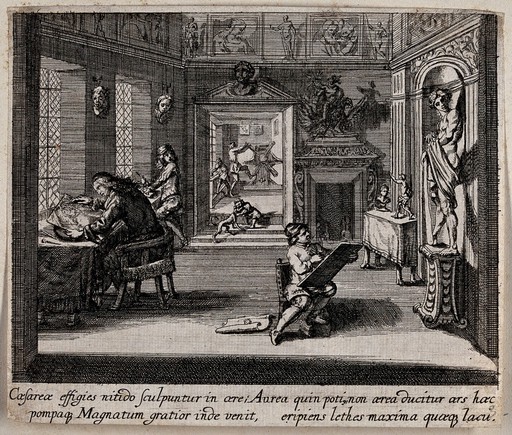 A printmaker's workshop with figures engraving and sketching from sculpture. Etching.