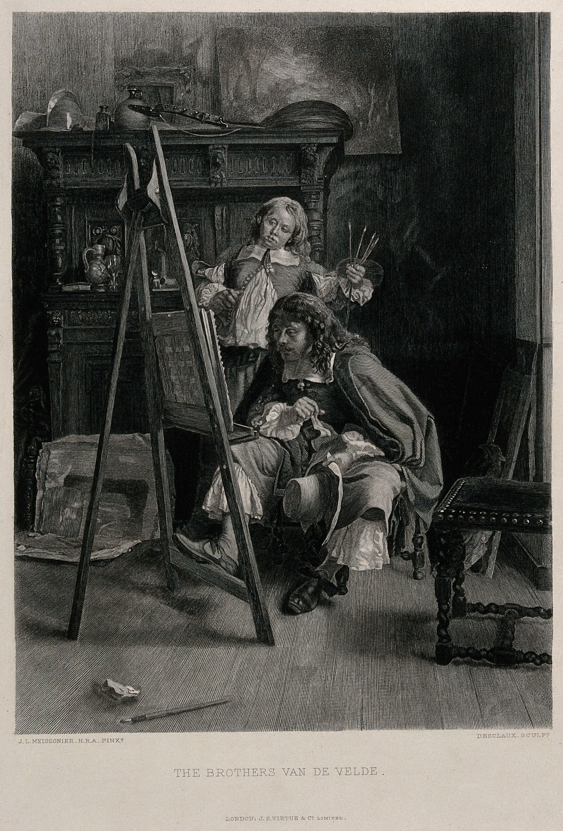 The Painters Willem Van De Velde The Younger And Adriaen Van De Velde Studying A Painting On An Easel Engraving By T V Desclaux After J L Meissonier Wellcome Collection