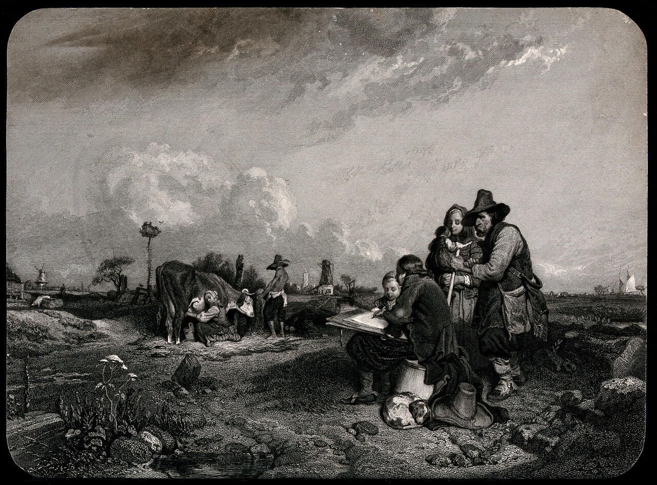 The artist Paulus Potter sketching a milkmaid milking a cow, watched by a group of onlookers. Engraving after E.M.E. Le Poittevin., by Eugène Le Poittevin