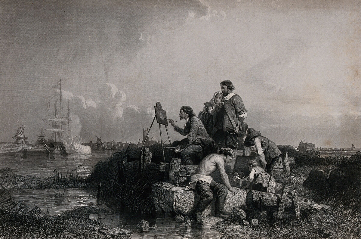 Willem van de Velde painting at his easel on the shore watched by a group of onlookers. Engraving by C.W. Sharpe after E. Le Poittevin., [between 1800 and 1899], by Eugène Le Poittevin