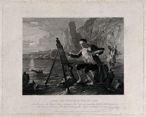 view An artist seated on a rock at the sea shore and oblivious to the rising tide. Engraving by H. Rolls, 1835, after R.W. Buss.