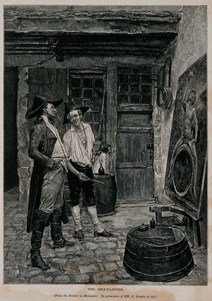 view An artist and his client before a painting of Bacchus. Wood engraving, 1877, after J.L.E. Meissonier.