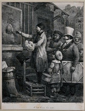 An artist before a crowd painting a shop sign. Lithograph by F. Le Villain, 1822, after H. Bellangé.