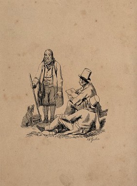 An artist sketching an elderly man with a reclining man looking on. Photo-lithograph after an etching by W. Geikie.