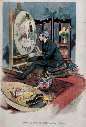 view A seated artist painting at his easel. Process print after A.F.M. Gorguet.