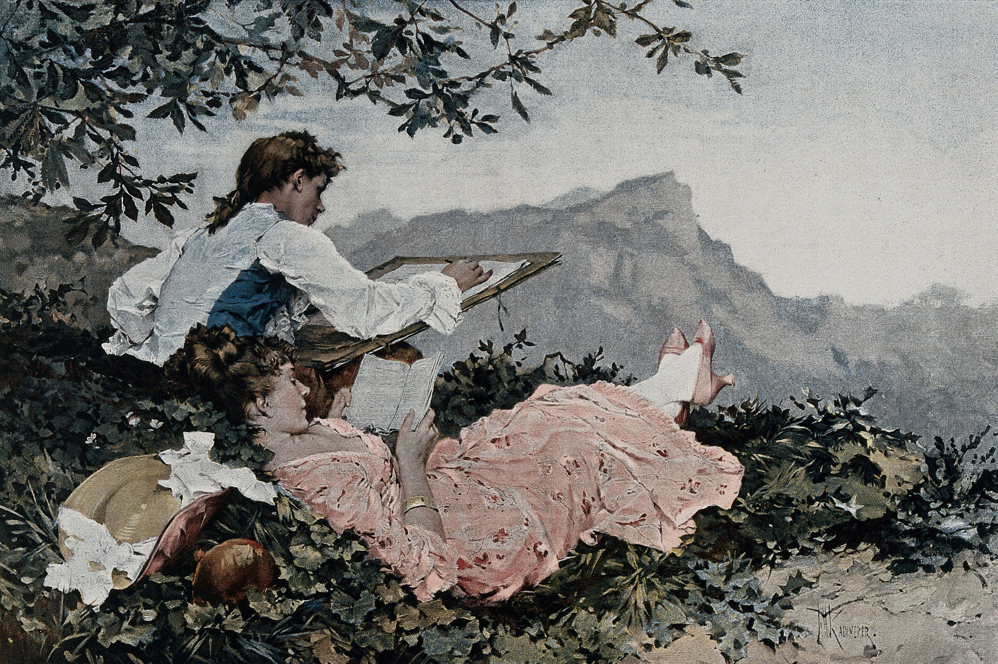 A Young Man Sketching With A Reclining Woman Reading Beside