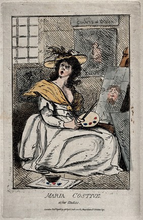 Maria Cosway painting in a lunatic's cell in an asylum. Coloured etching, 1786.