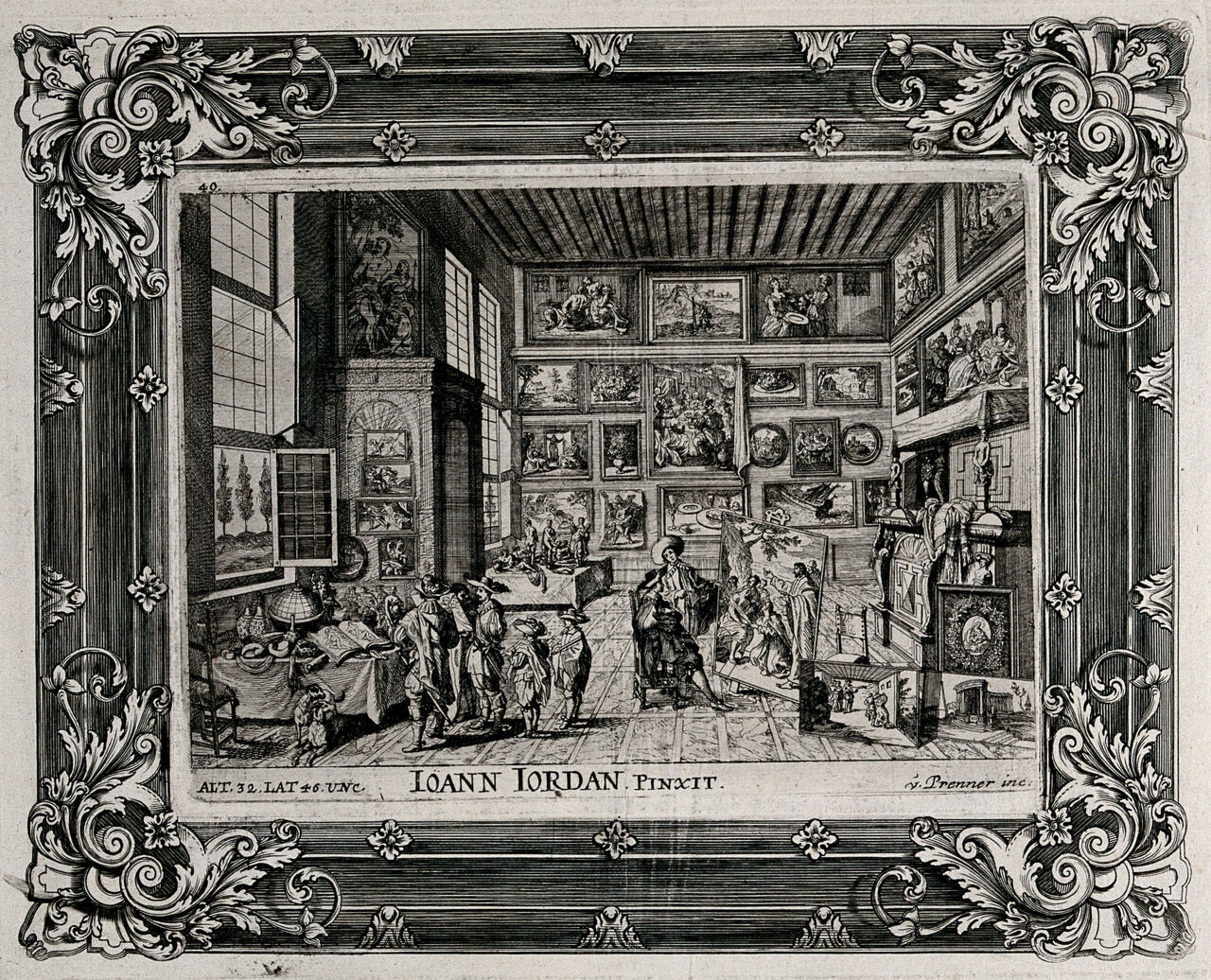The interior of a gallery hung with paintings and with tables laden with sculpture and curiosities. Etching by A.J. von Prenner after H. Jordaens III., 1728-1733, by Hans Jordaens